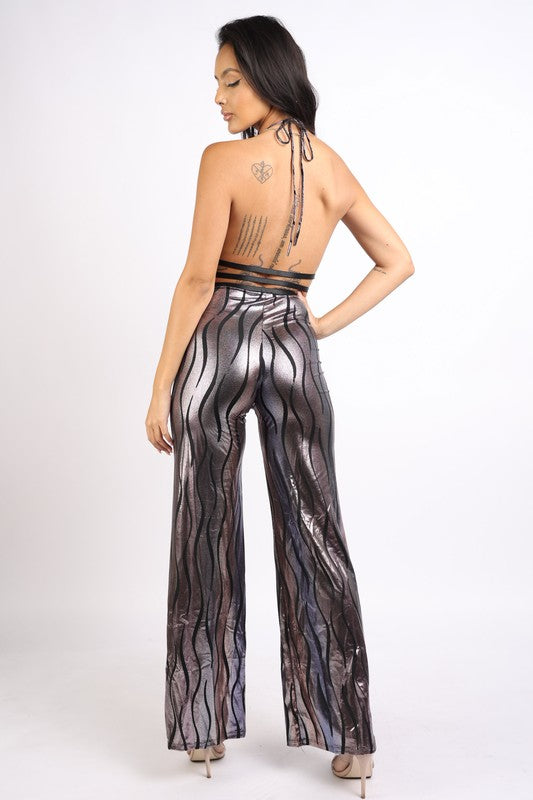 Foil Strap Keyhole Halter Neck Jumpsuit