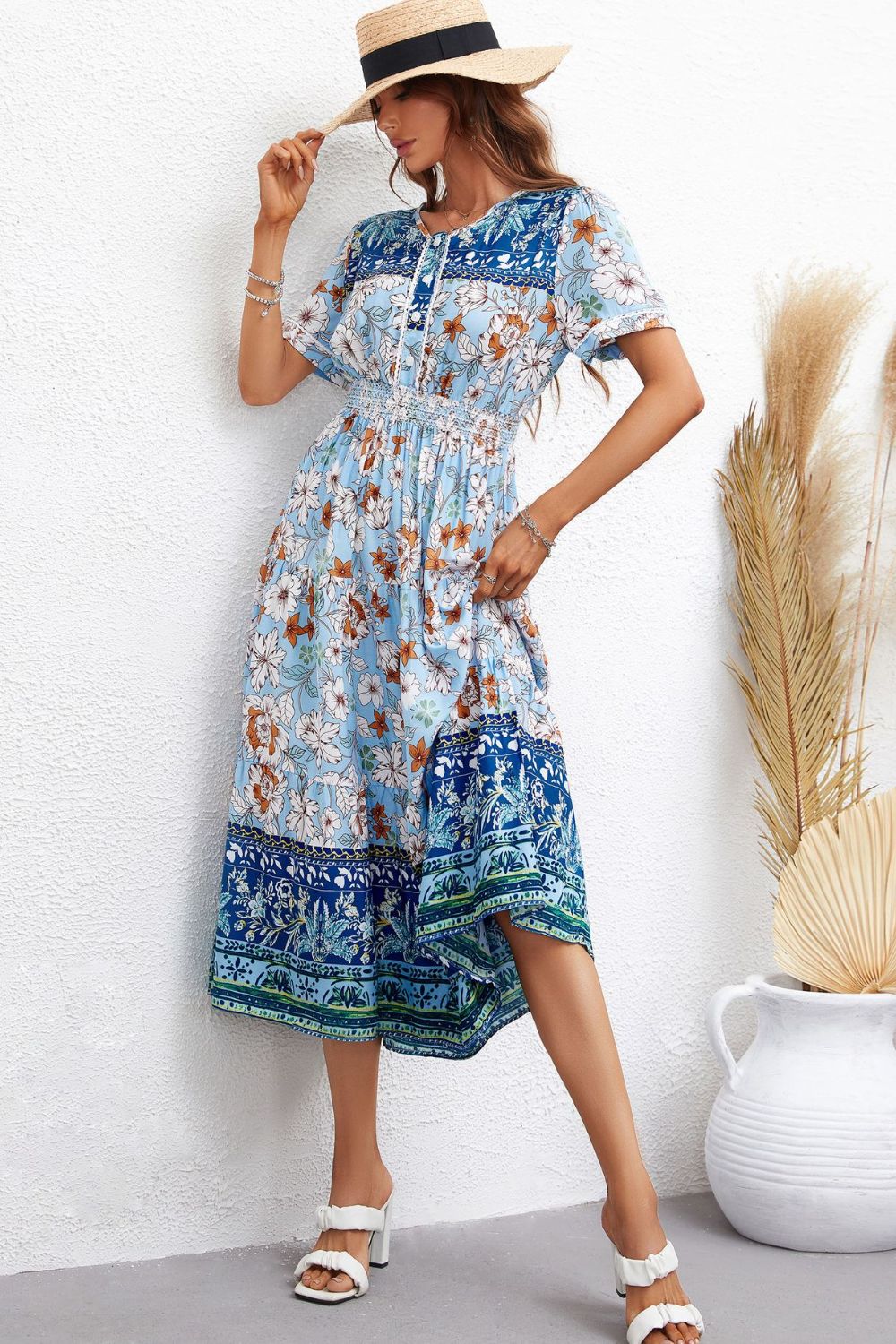 Bohemian Short Sleeve V-Neck Midi Dress