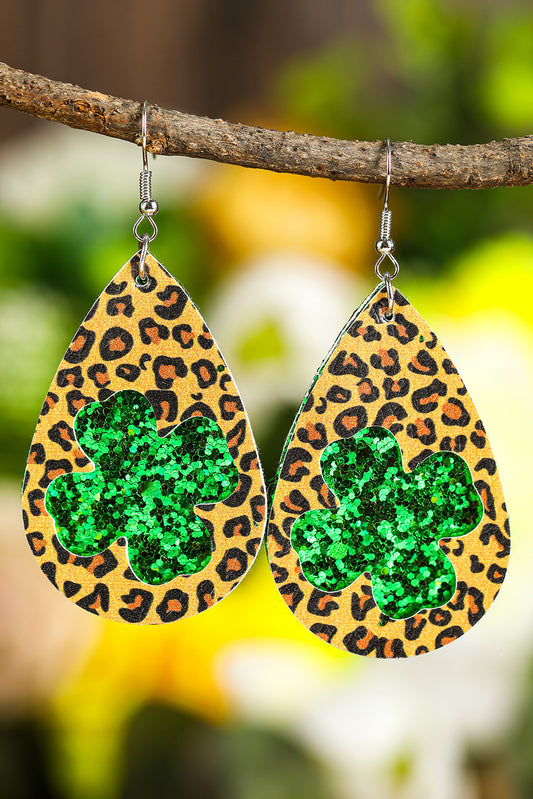 St. Patricks Day Sequin Clover Leopard Earrings