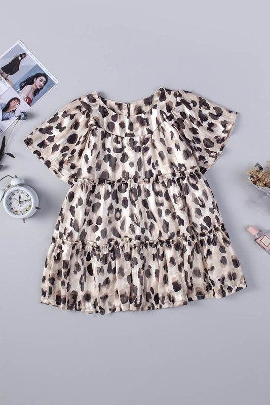 Girls Leopard Flutter Sleeve Frill Trim Dress