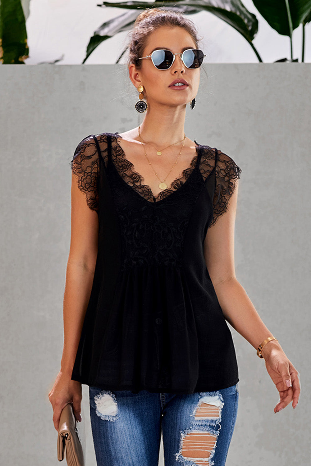 Eyelash Trim Spliced Lace V-Neck Tank