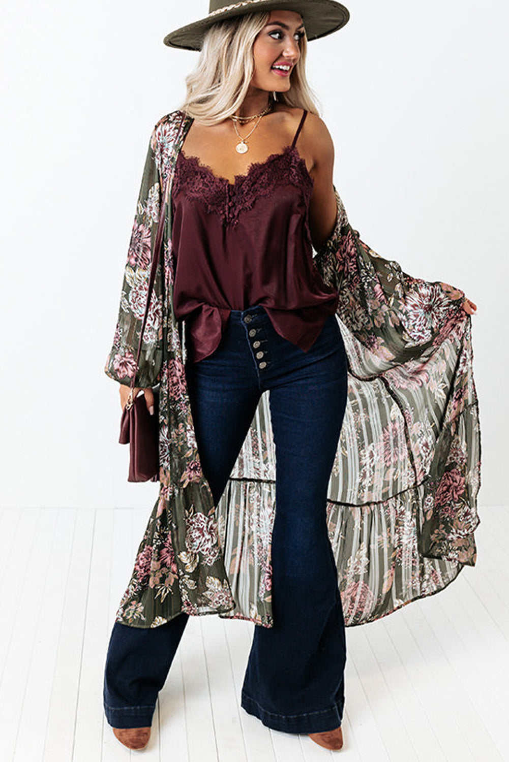 Floral Draped Open Front Duster Cardigan