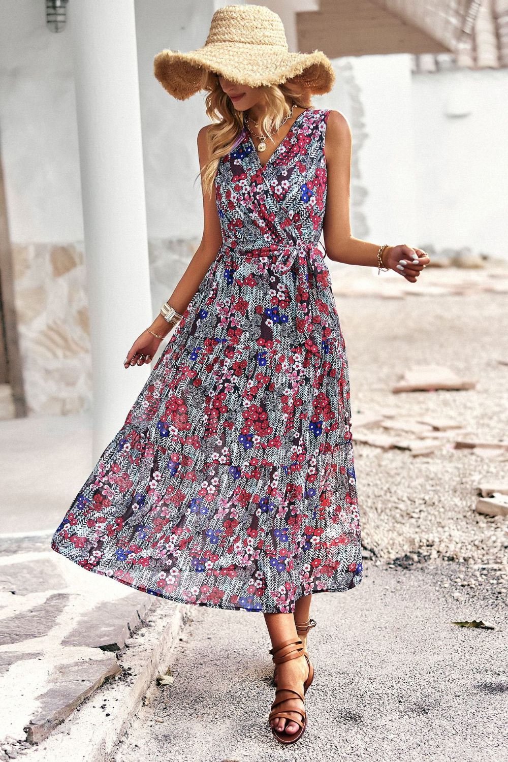 Floral Belted Surplice Sleeveless Tiered Dress