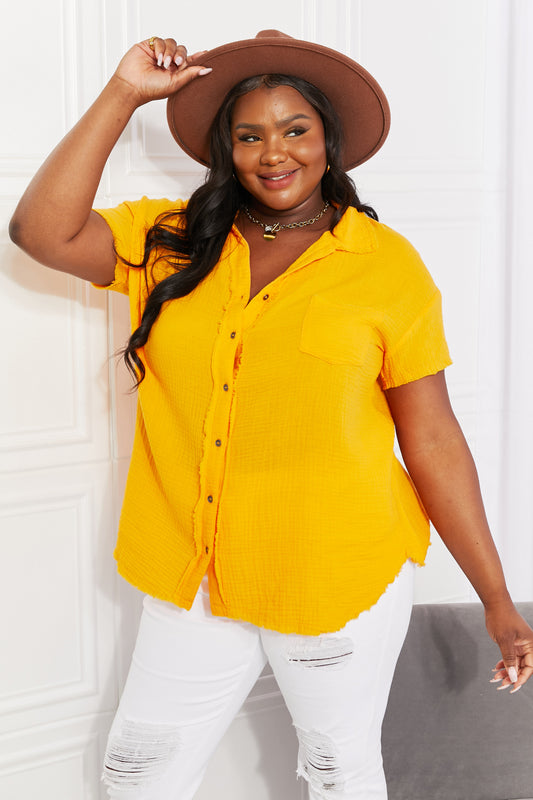 Zenana Full Size Summer Breeze Gauze Short Sleeve Shirt in Mustard