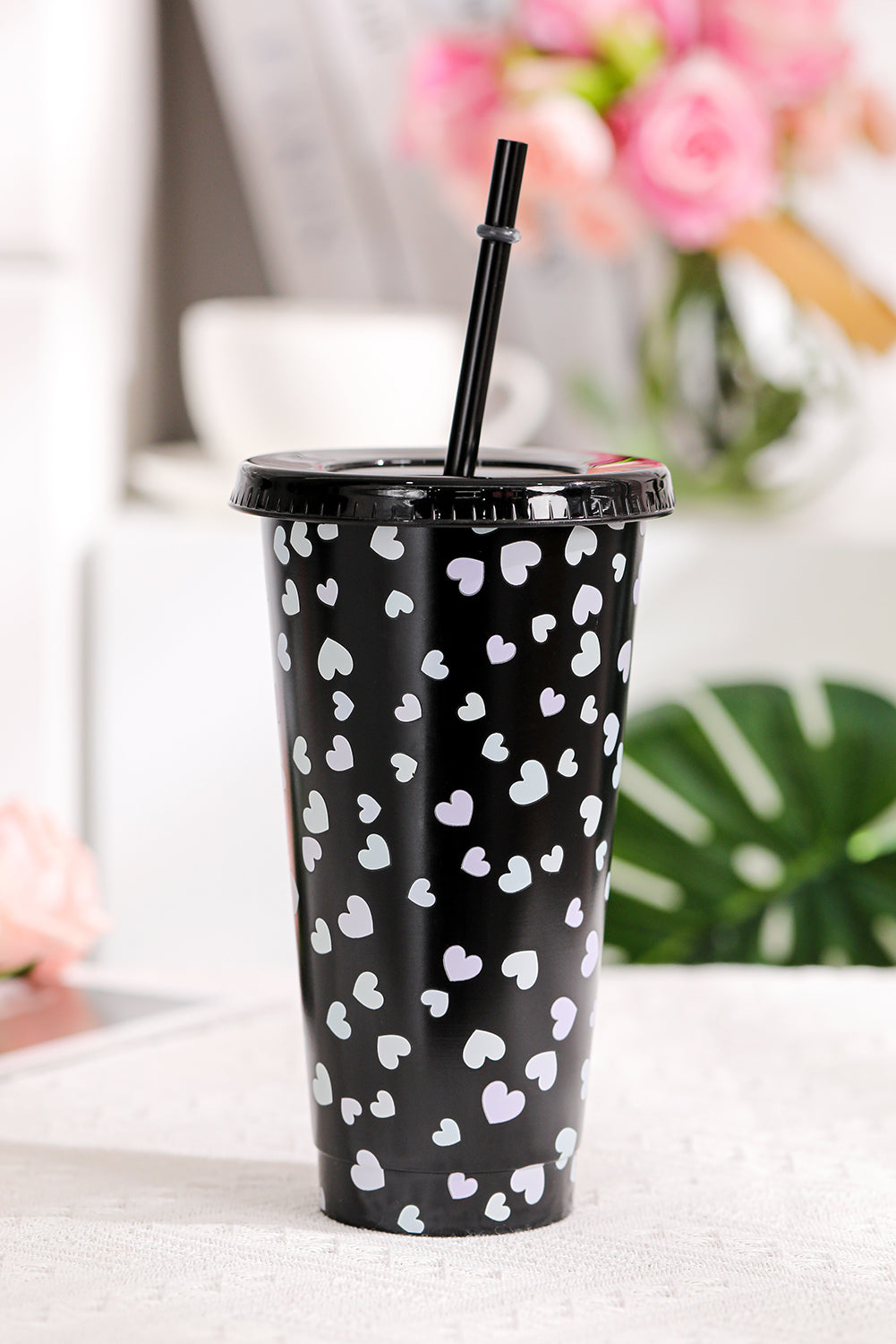 5pcs/pack Valentine Heart Print Plastic Straw Cup