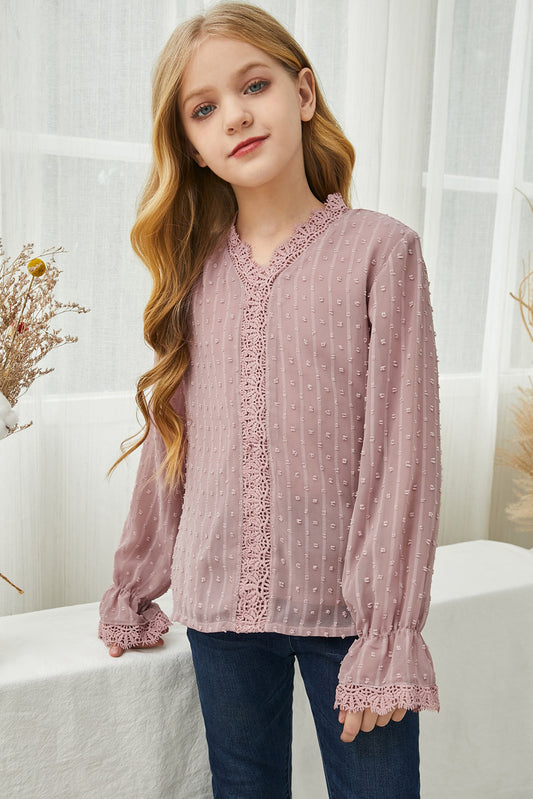 Girls Swiss Dot Spliced Lace Flounce Sleeve Blouse