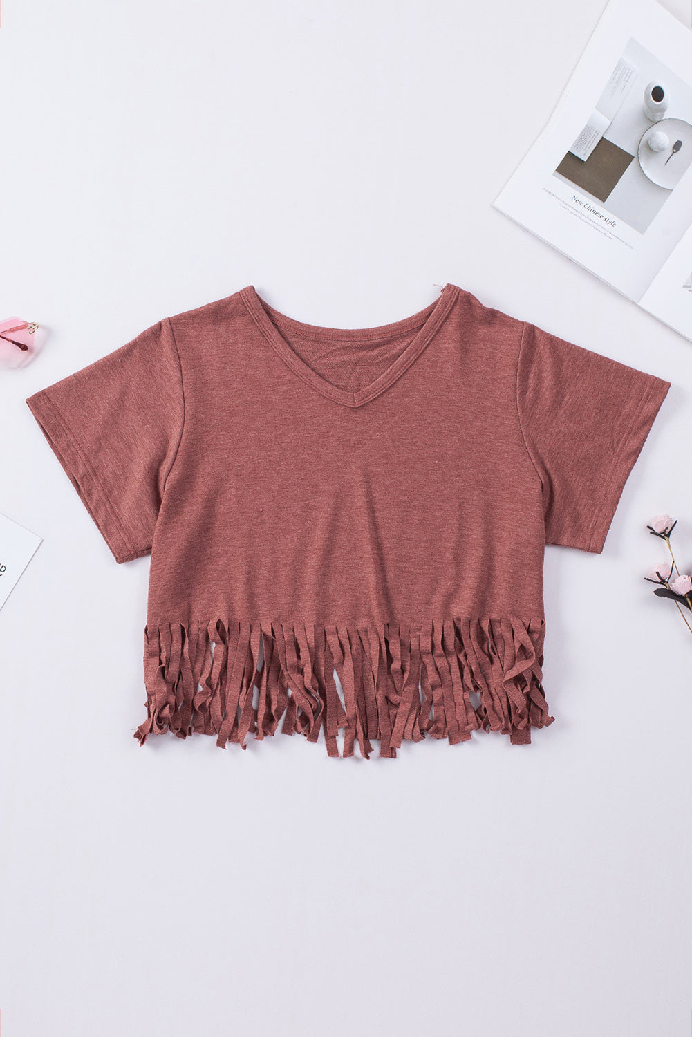 Fringe Hem V Neck T Shirt