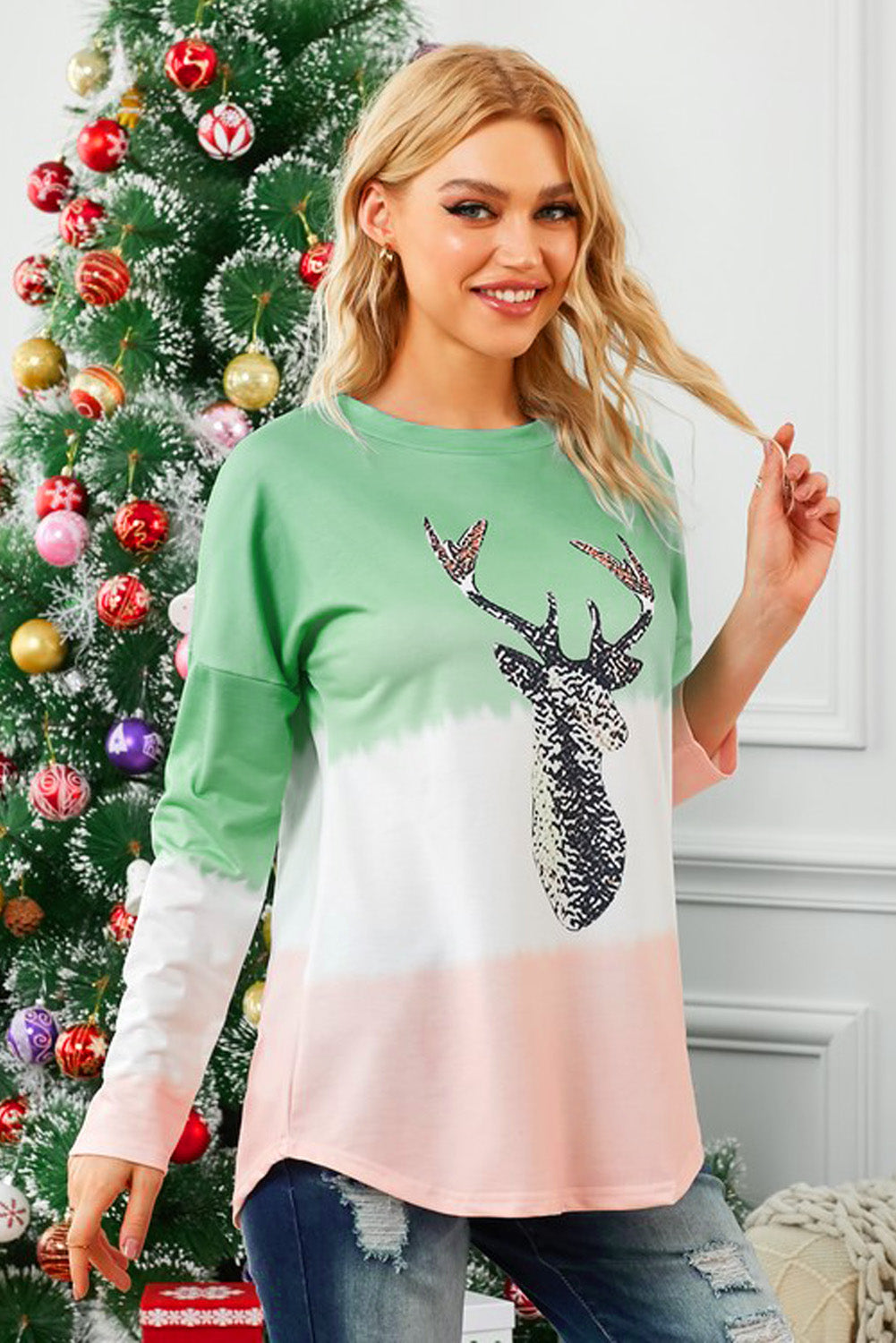 Reindeer Graphic Color Block Long Sleeve T-Shirt