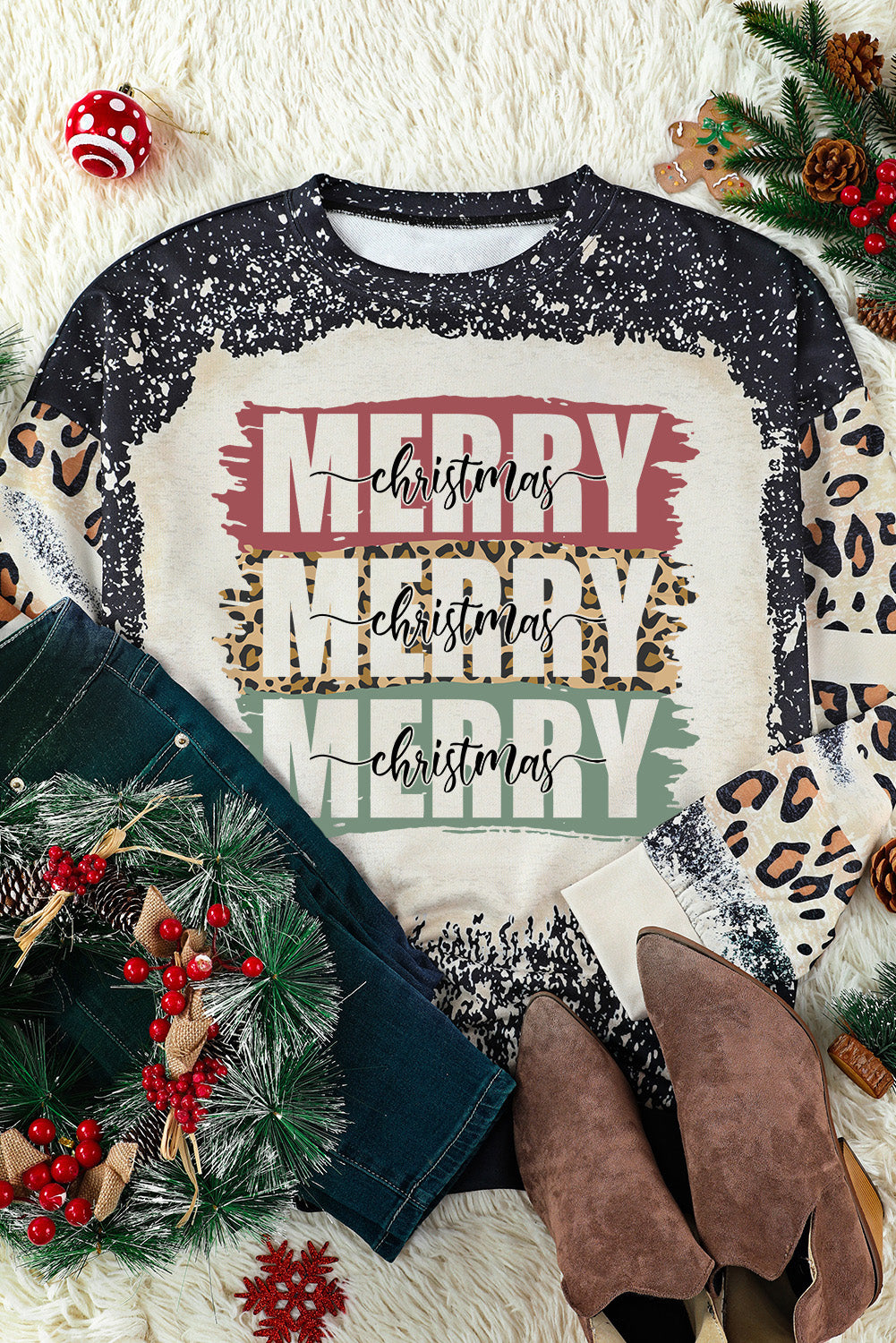 Merry Christmas Multi Tree Print Leopard Sleeve Sweatshirt