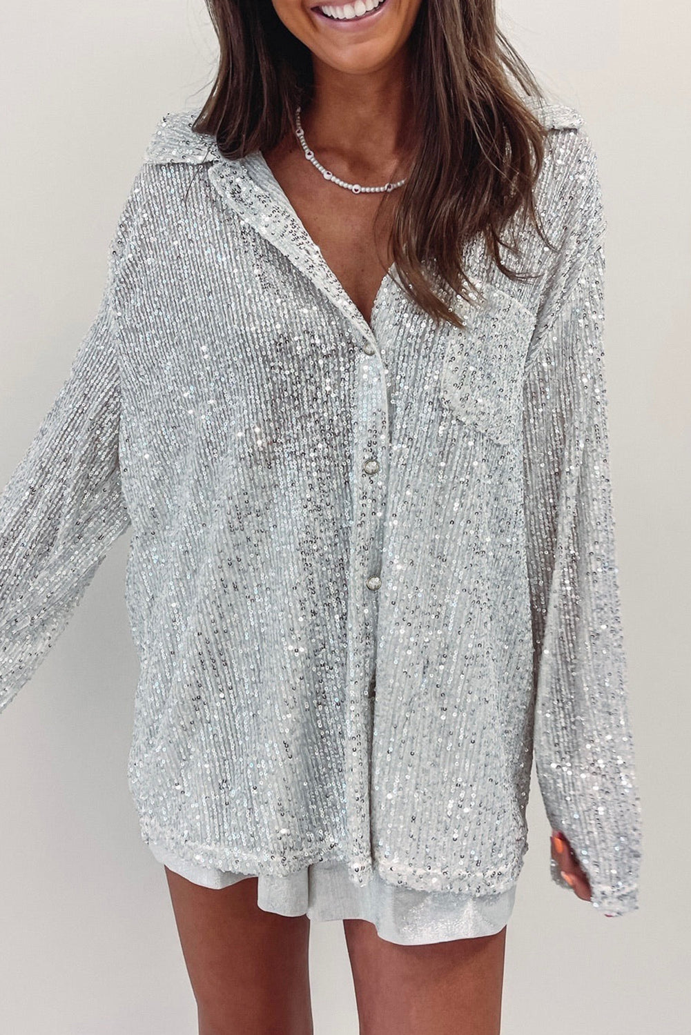 Charleston Nights Sequin Pocketed Loose Shirt