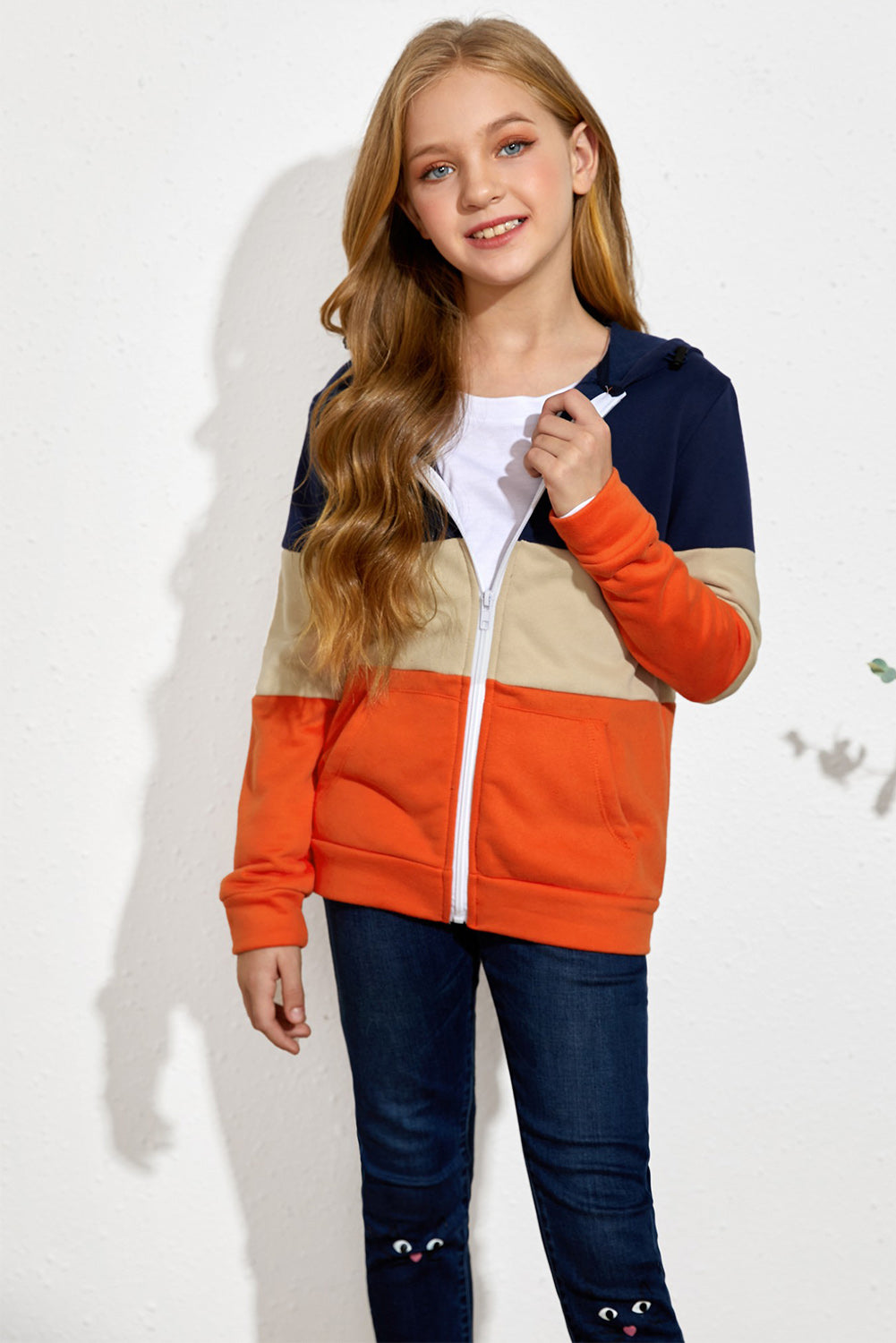 Girls Color Block Zip-Up Hooded Jacket with Pockets