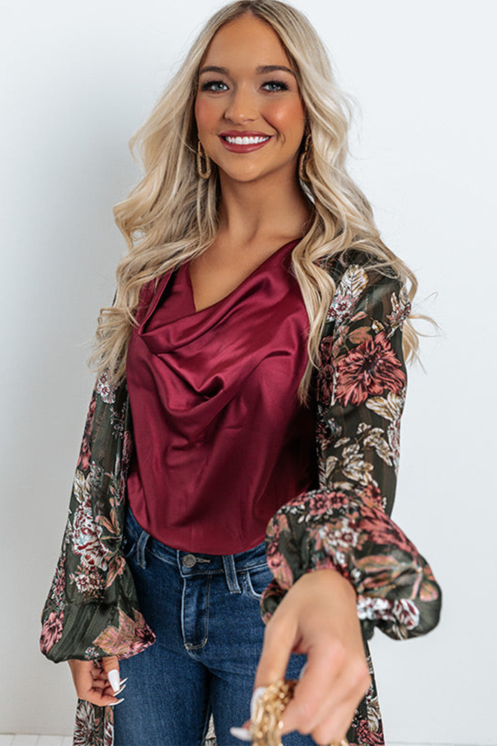 Floral Draped Open Front Duster Cardigan