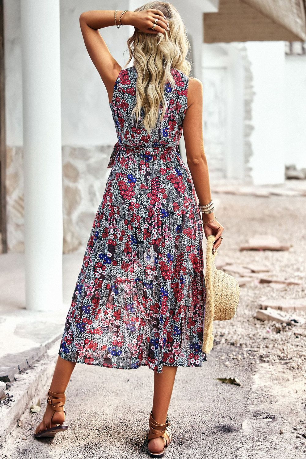 Floral Belted Surplice Sleeveless Tiered Dress