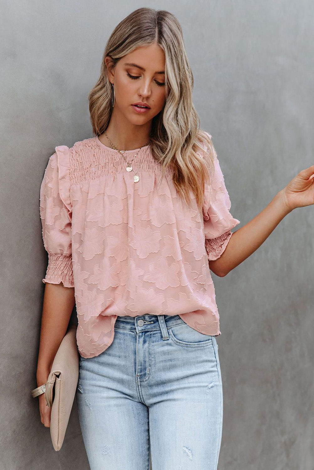 Smocked Jacquard Textured Blouse