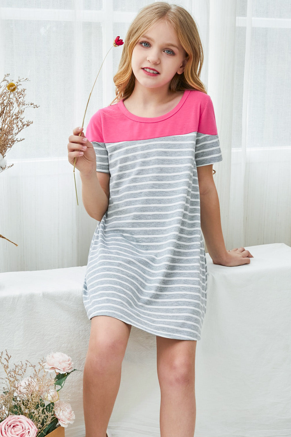 Girls Striped Contrast Round Neck T-Shirt Dress