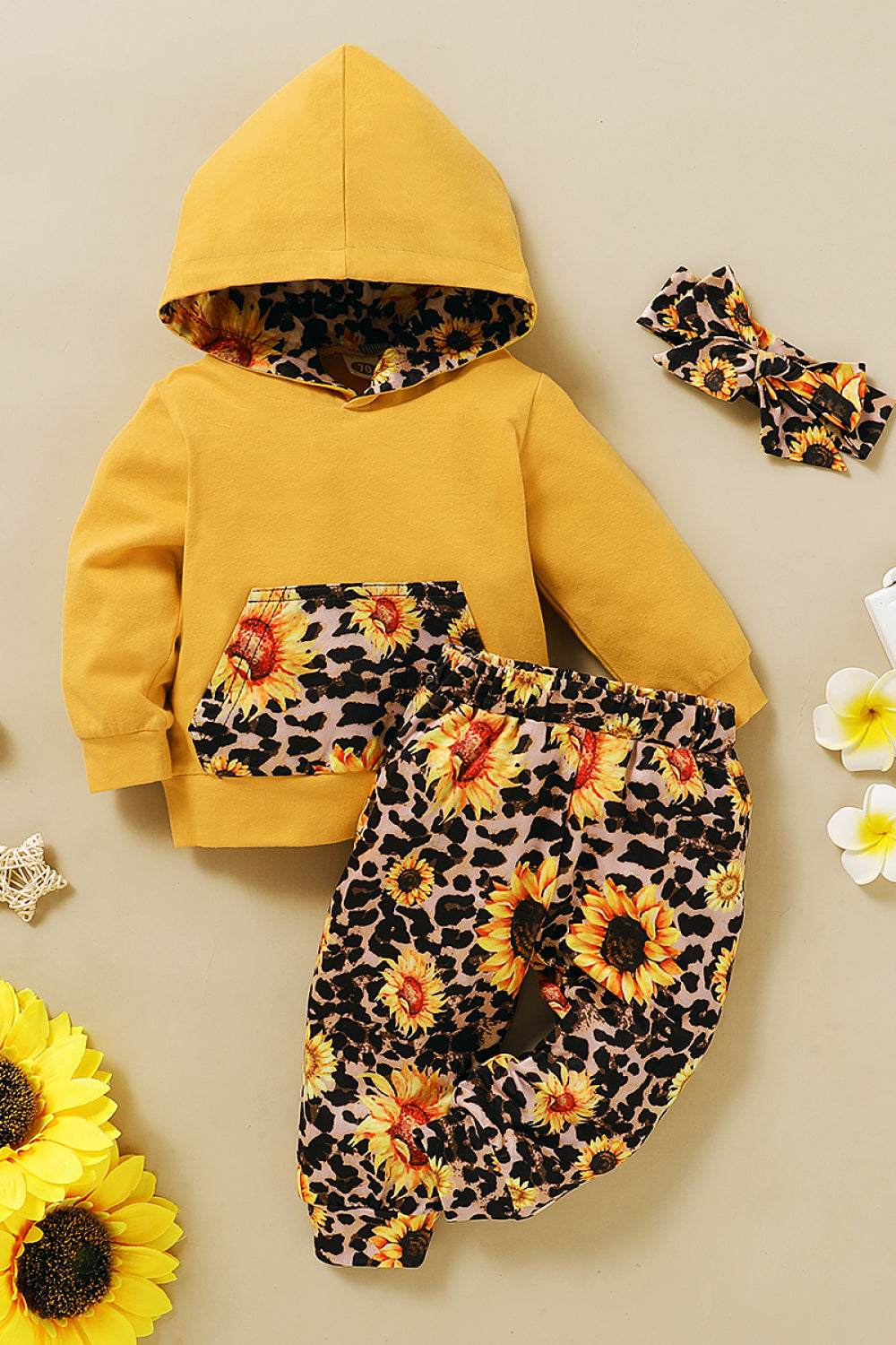 Baby Girls Sunflower Hoodie and Pants Set with Headband