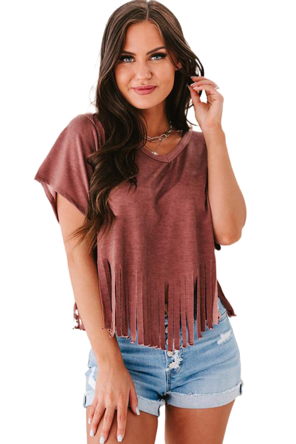 Fringe Hem V Neck T Shirt