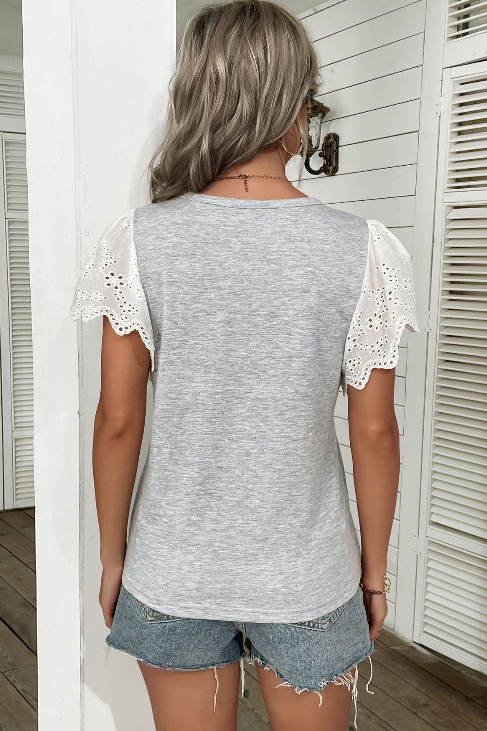 Two-Tone Eyelet Flutter Sleeve Spliced Top