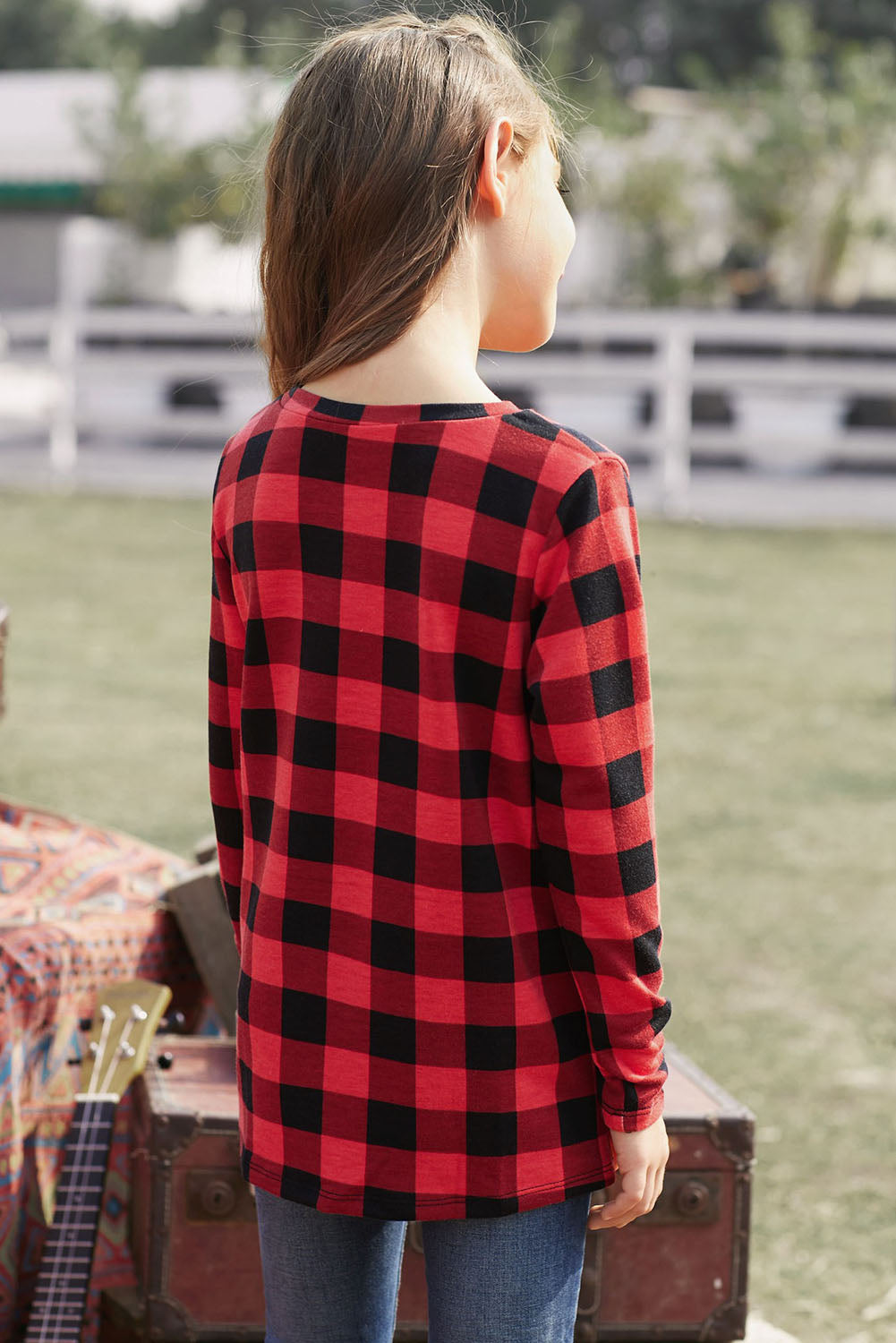 Girls Plaid Twist Front Tunic Top