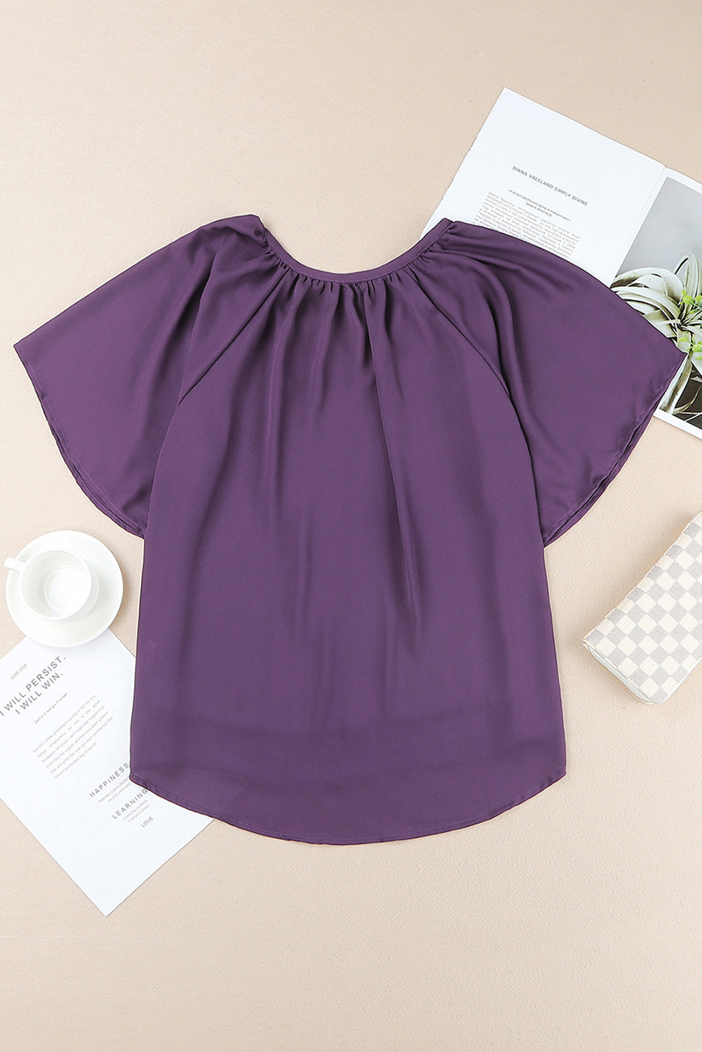 Gathered Detail Notched Neck Flutter Sleeve Top