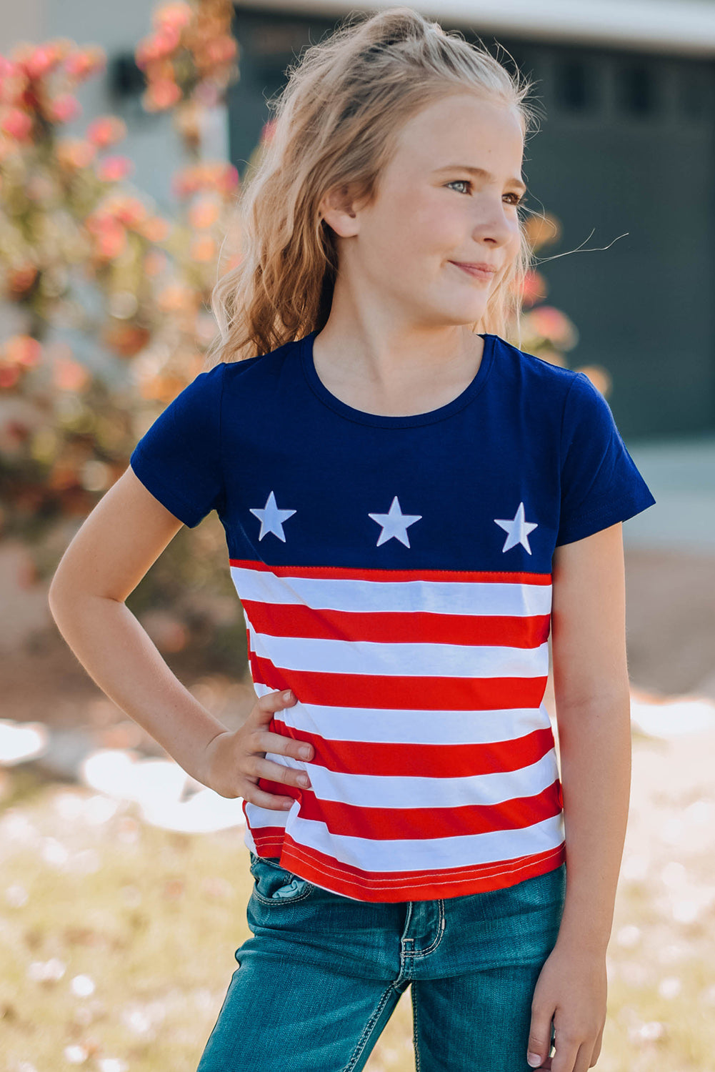 Girls Stars and Stripes Round Neck T-Shirt