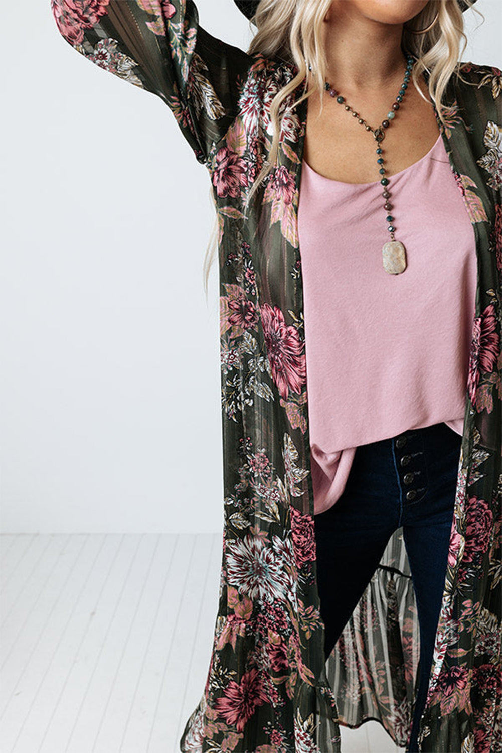 Floral Draped Open Front Duster Cardigan