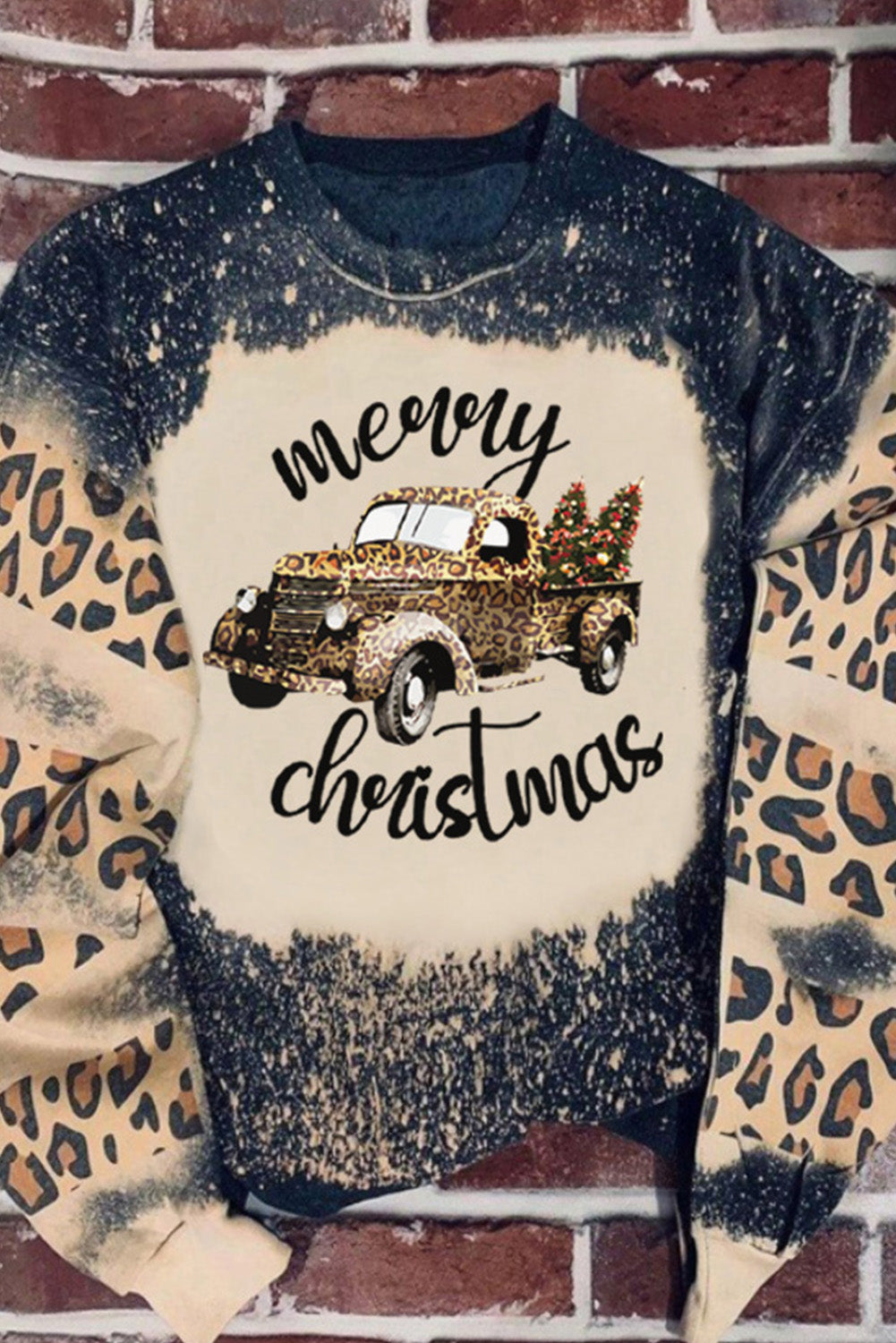 Merry Christmas Multi Tree Print Leopard Sleeve Sweatshirt