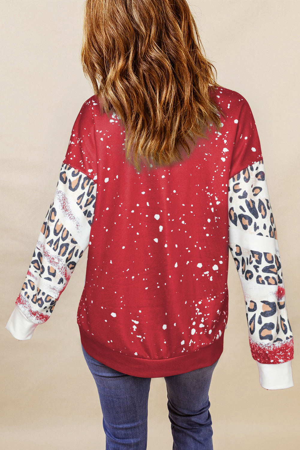 Merry Christmas Multi Tree Print Leopard Sleeve Sweatshirt