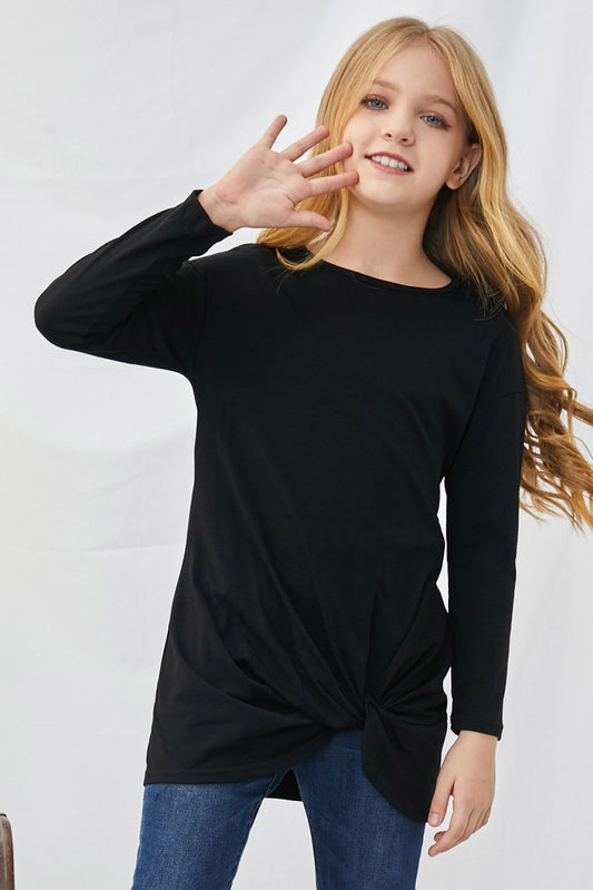 Girls Twist Front Round Neck Tunic Top