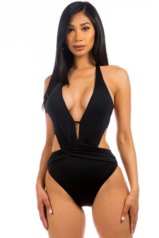 One piece Swimwear Pleated Waist and Side Cutout