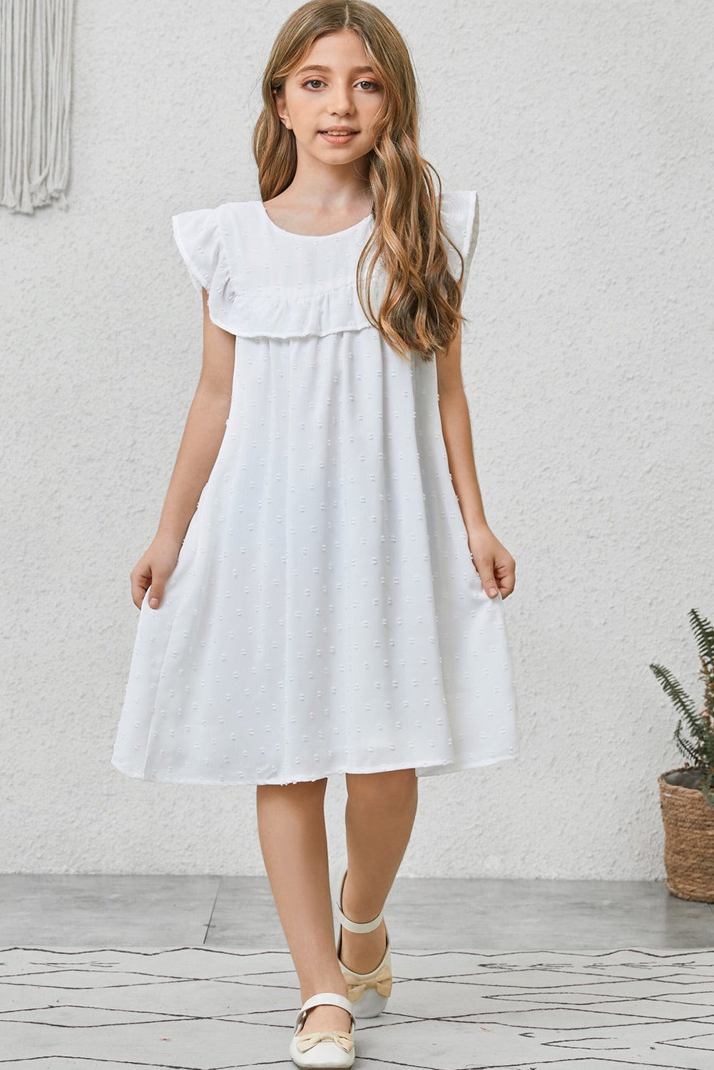 Girls Swiss Dot Flutter Sleeve Dress