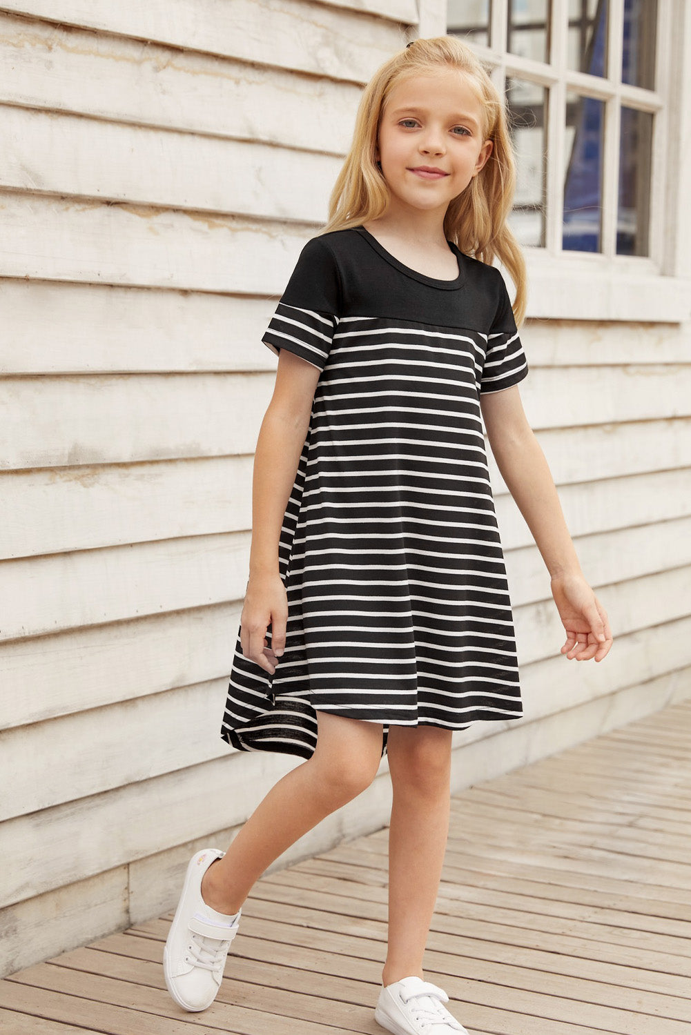 Girls Striped Contrast Round Neck T-Shirt Dress