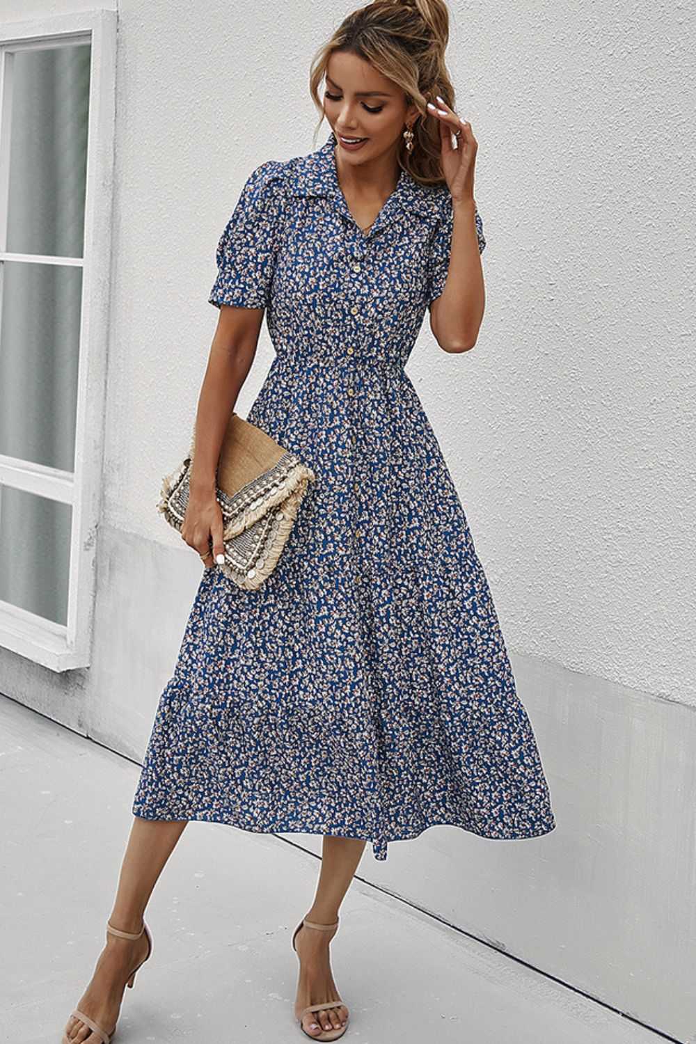 Printed Button Front Short Puff Sleeve Midi Dress