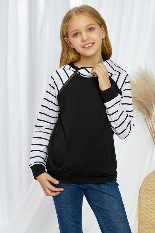 Girls Striped Zipper Detail Hoodie