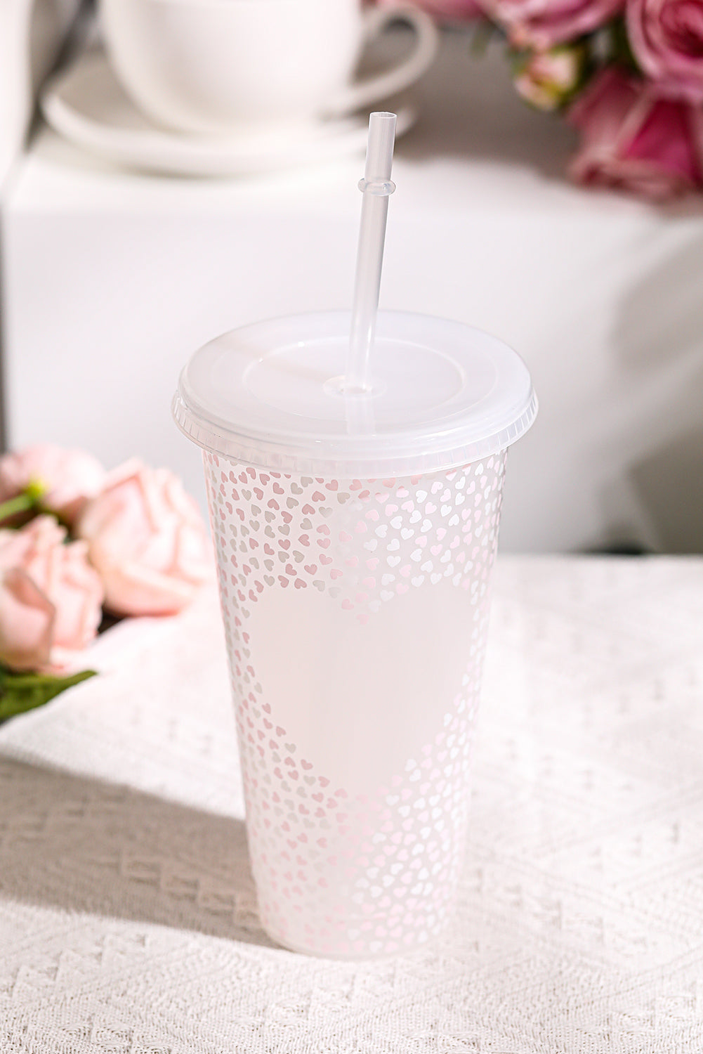 5pcs/pack Valentine Heart Print Plastic Straw Cup