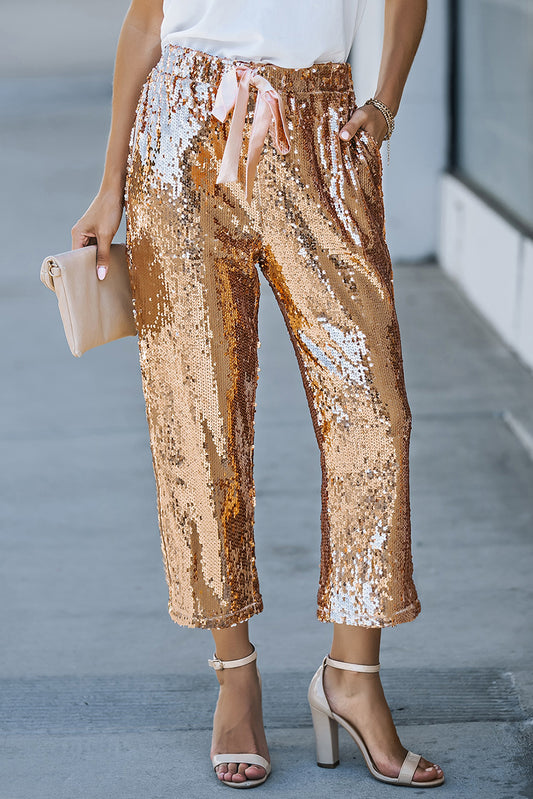 Pocketed Sequin Crop Pants