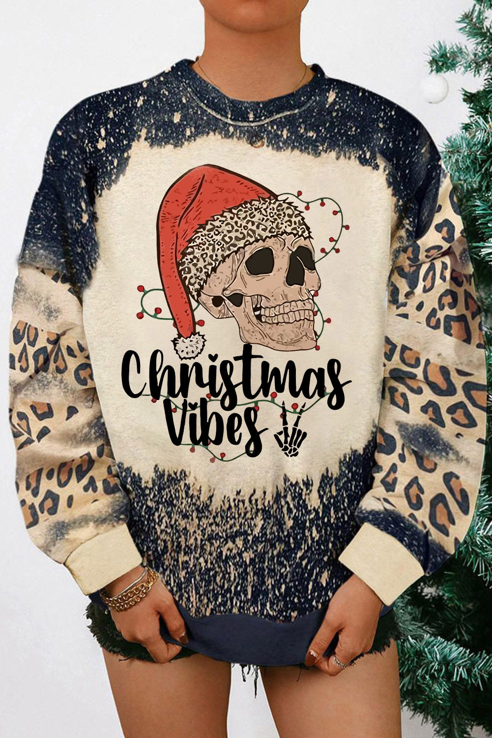 Merry Christmas Multi Tree Print Leopard Sleeve Sweatshirt