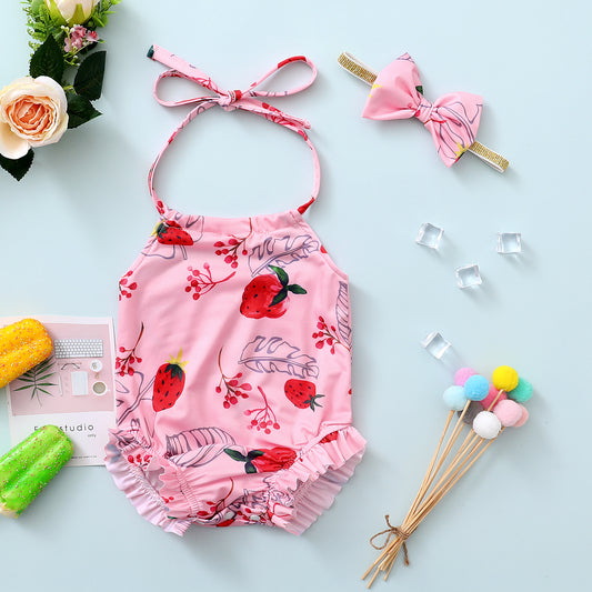 Baby Girl Strawberry Print Halter Neck Romper