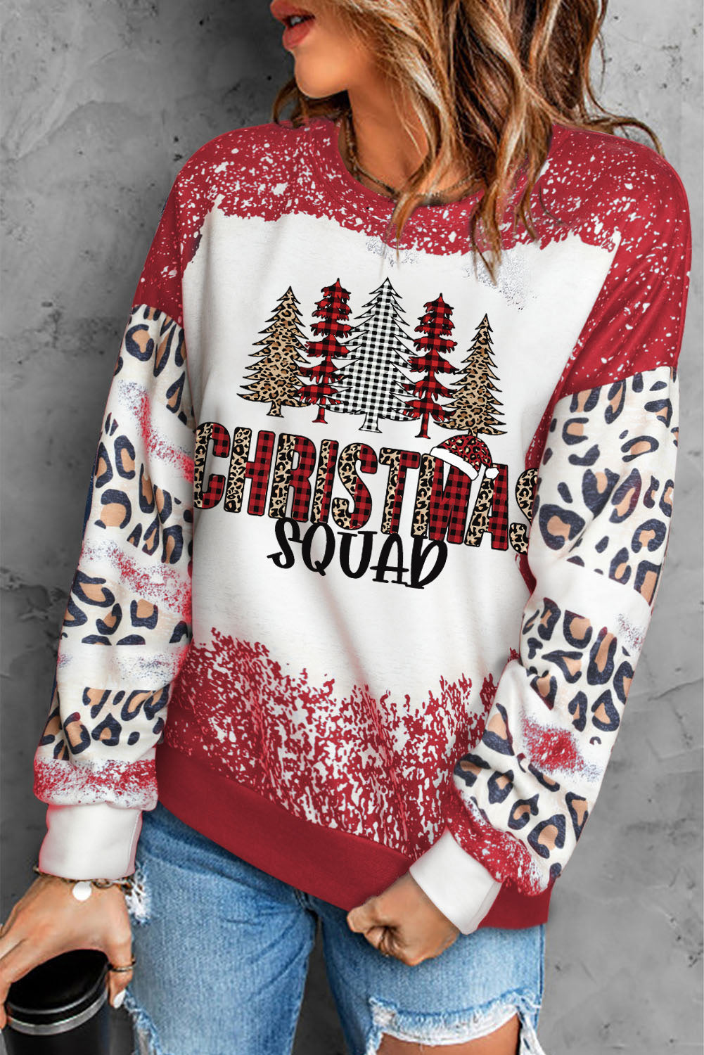 Merry Christmas Multi Tree Print Leopard Sleeve Sweatshirt