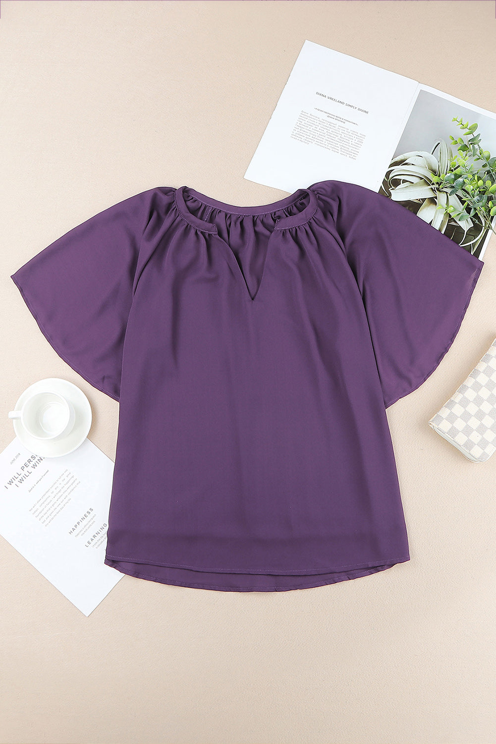 Gathered Detail Notched Neck Flutter Sleeve Top