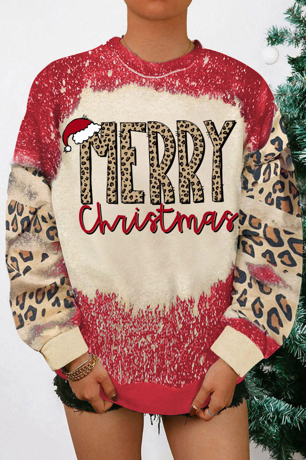 Merry Christmas Multi Tree Print Leopard Sleeve Sweatshirt