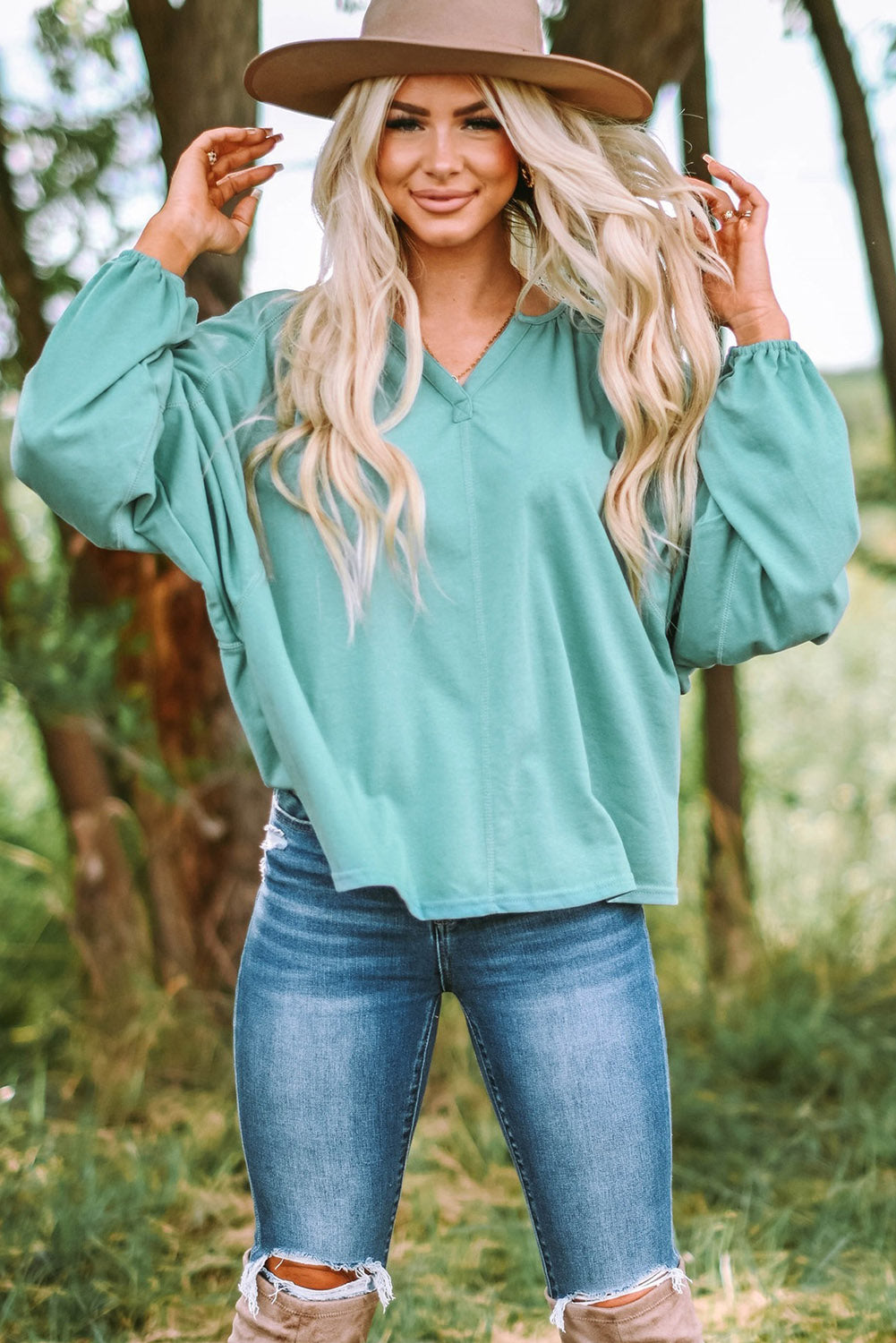 Notched Neck Balloon Sleeve Blouse