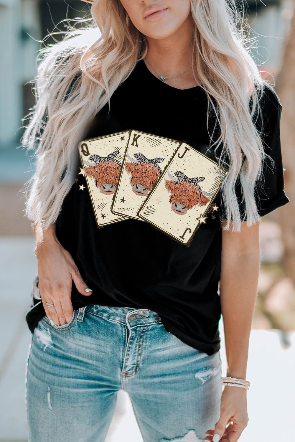 Poker Graphic Round Neck Cuffed Tee Shirt