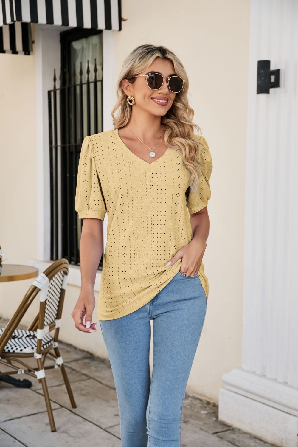 Eyelet Puff Sleeve V-Neck Top