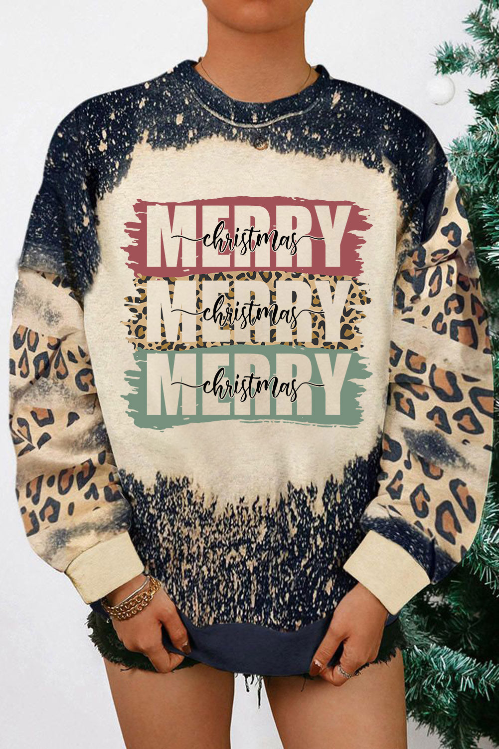 Merry Christmas Multi Tree Print Leopard Sleeve Sweatshirt