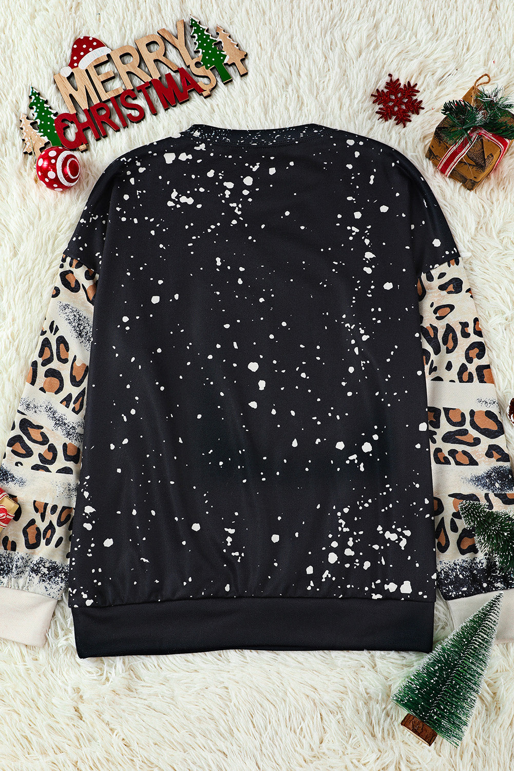 Merry Christmas Multi Tree Print Leopard Sleeve Sweatshirt