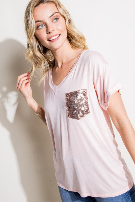 SOLID SEQUIN POCKET BOXY TOP