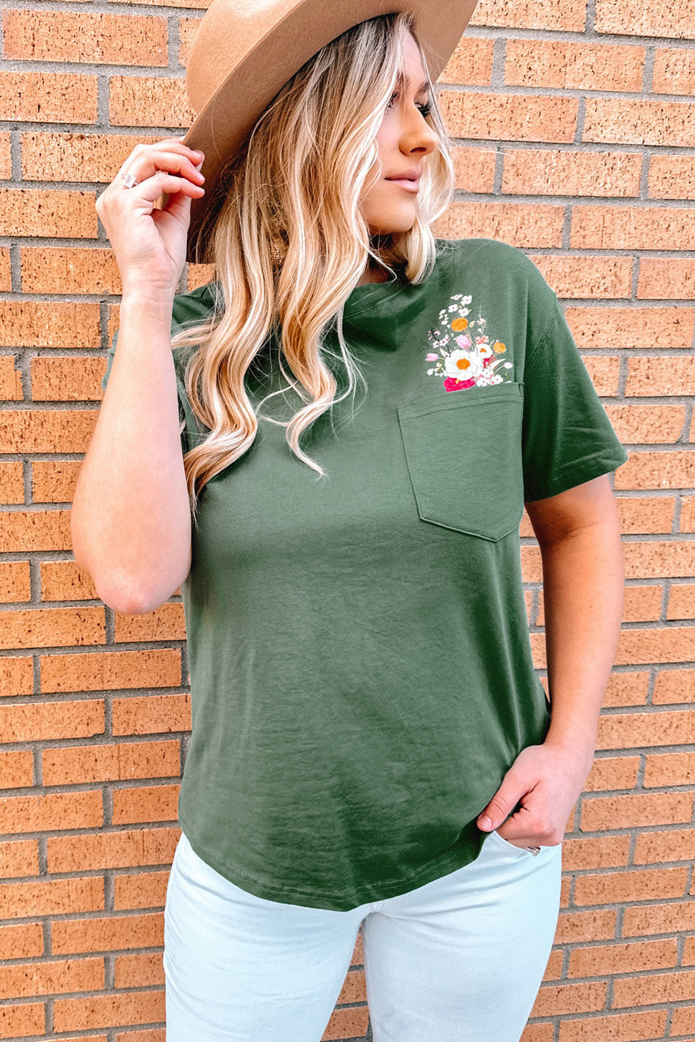 Embroidered Round Neck Pocket Tee