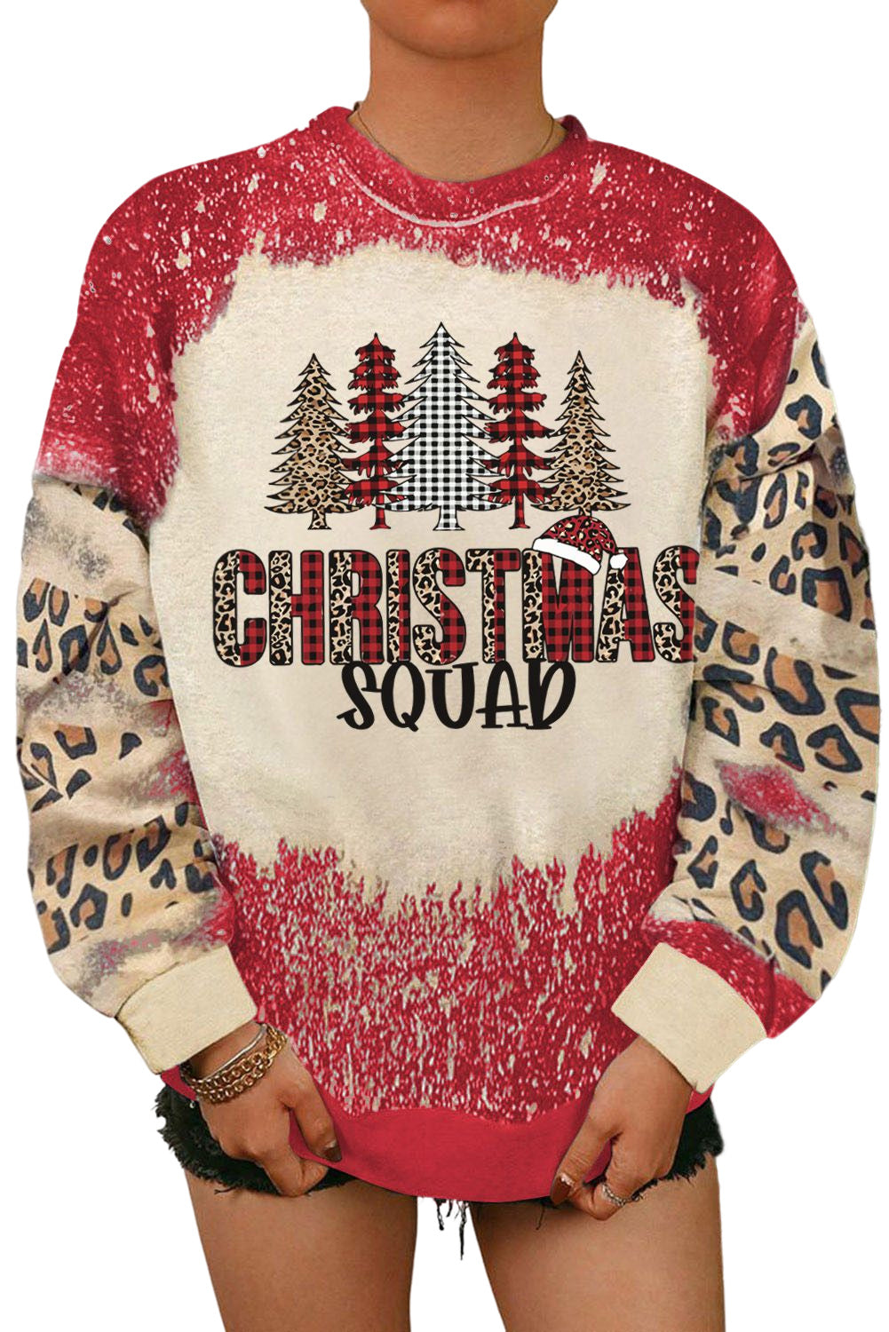 Merry Christmas Multi Tree Print Leopard Sleeve Sweatshirt