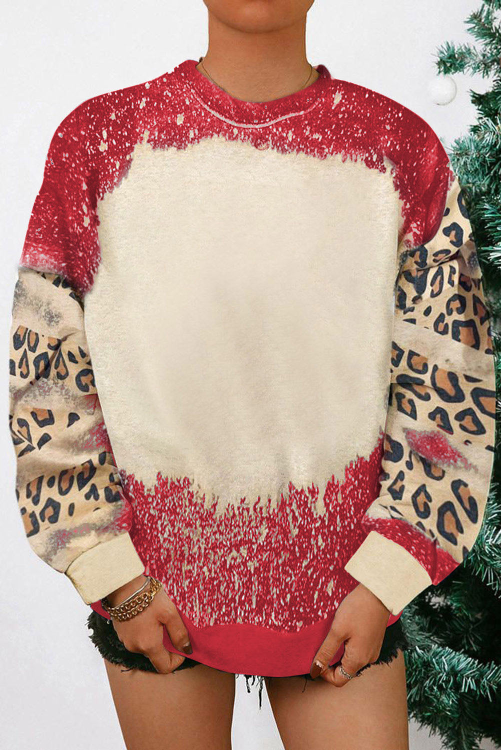 Merry Christmas Multi Tree Print Leopard Sleeve Sweatshirt